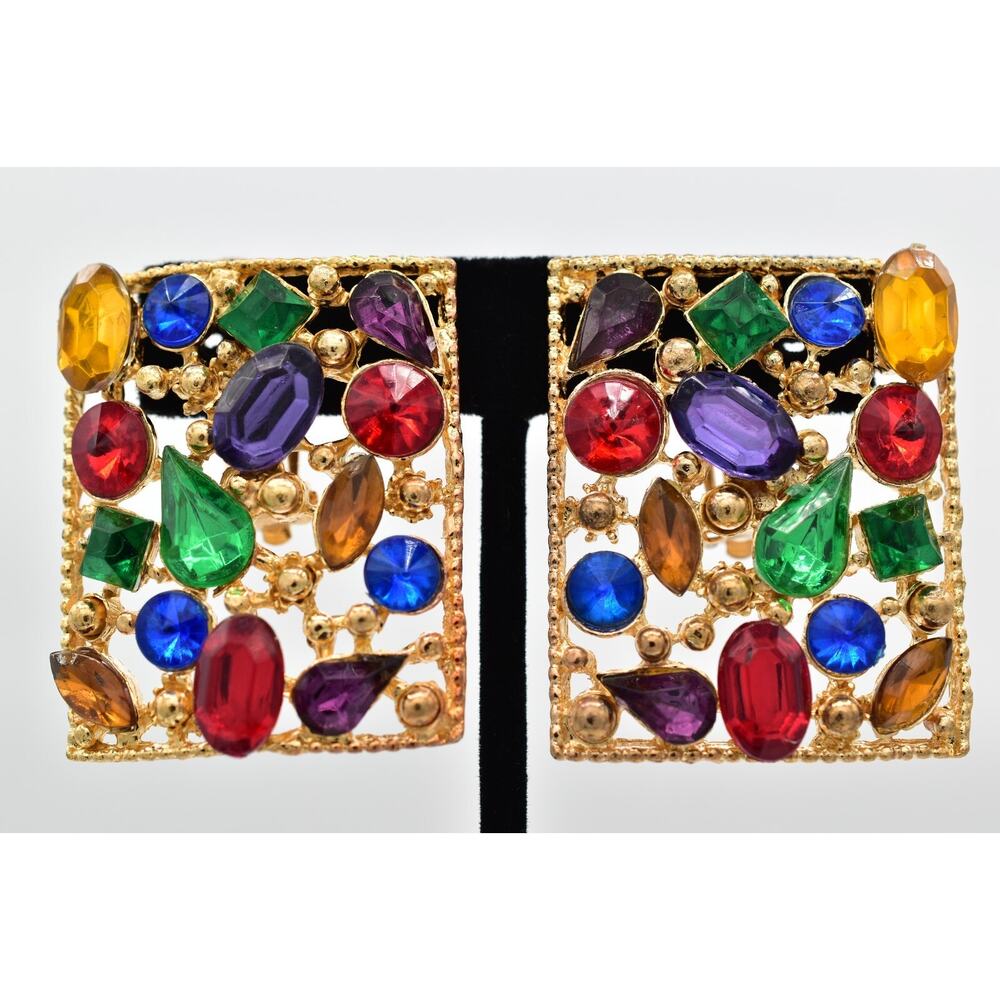 Vintage Crystal Clip On Earrings Multi-Color Rhinestone Gold Chunky NOS 80s A28
